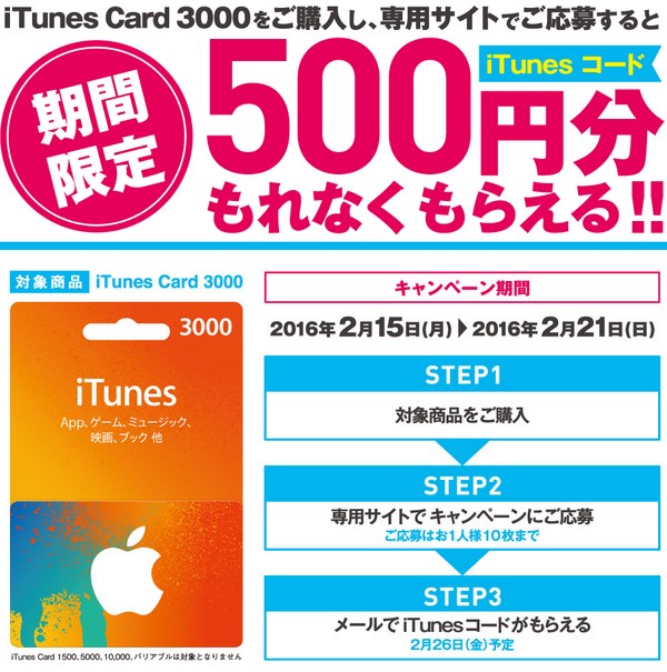 最大5 000円分得する Itunesカード3000で500円分のコードが貰えるキャンペーン Will Feel Tips