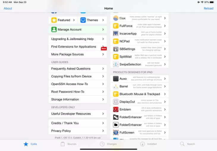 iPad Pro 11インチ iOS 12.4 Cydiaトップ