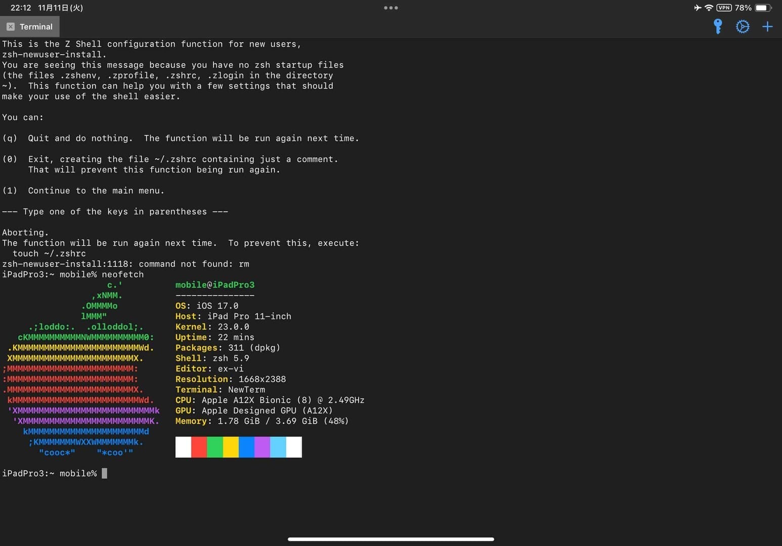 iPad Pro 11インチ 17.0 NewTermによるneofetch